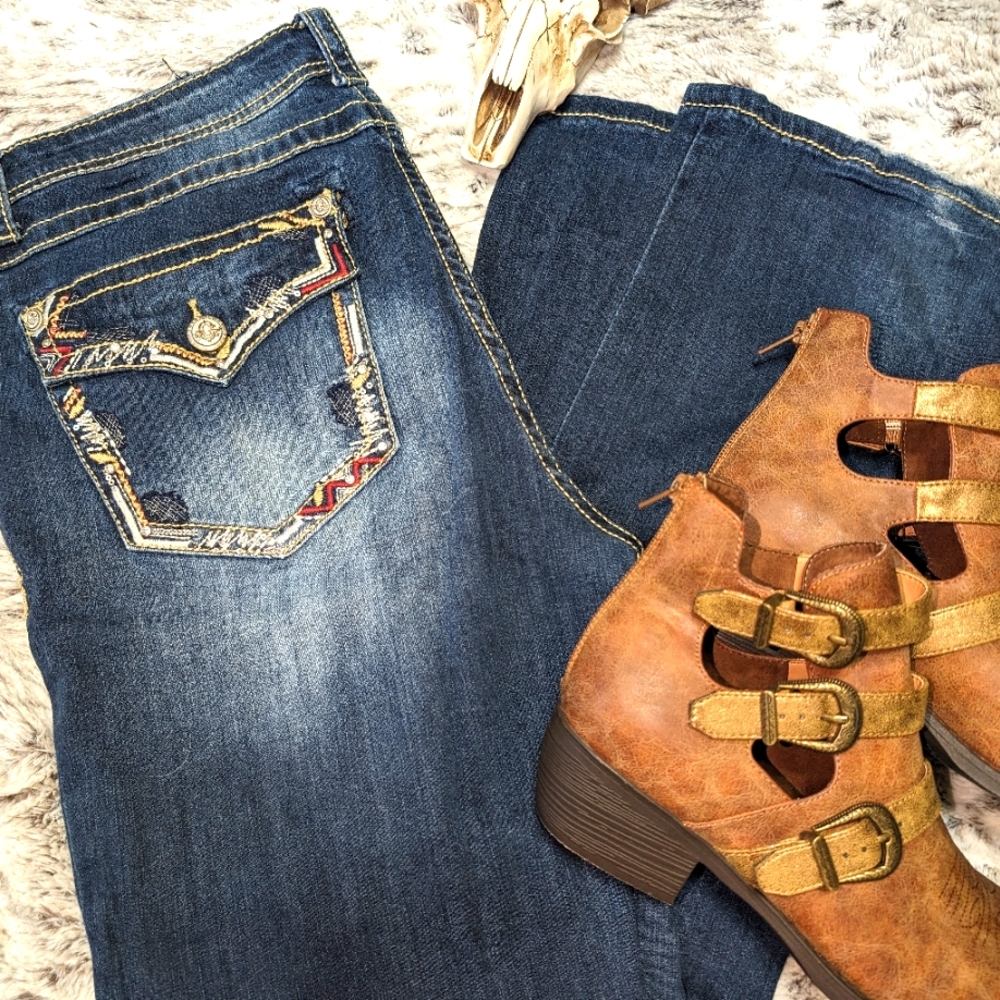 ✨NWOT Grace In LA Maroon/Gold Faux Flap Boot Cut Jeans✨